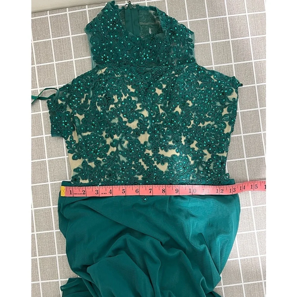 La Femme Teal Open Back Lace Embellished Gown | Dress